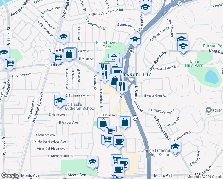 map of restaurants, bars, coffee shops, grocery stores, and more near 2684 North Tustin Street in Orange