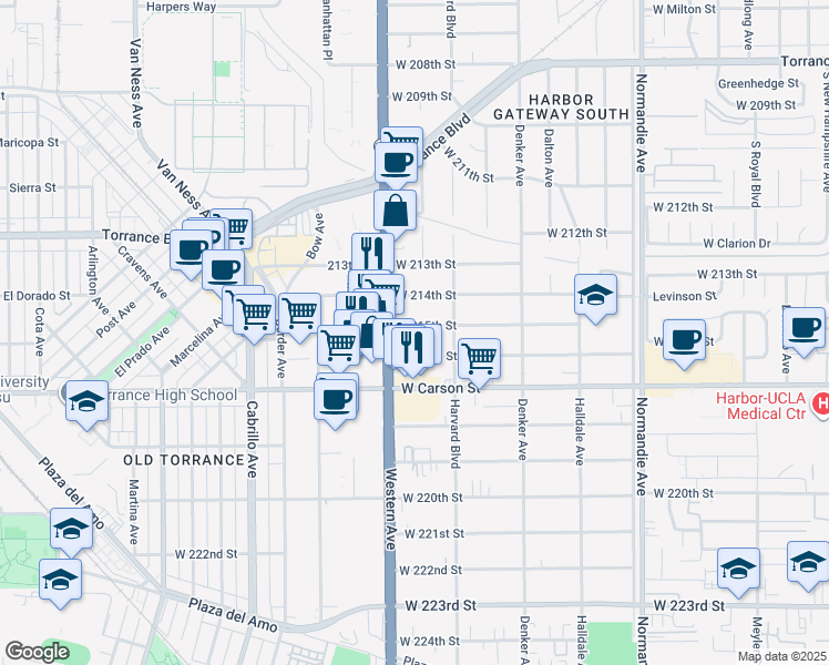 map of restaurants, bars, coffee shops, grocery stores, and more near 1642 West 215th Street in Torrance