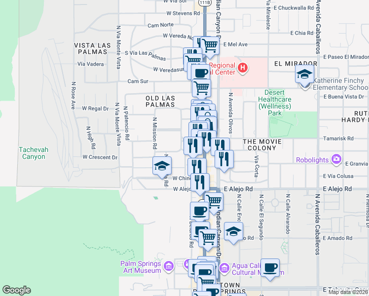 map of restaurants, bars, coffee shops, grocery stores, and more near 700 North Prescott Drive in Palm Springs