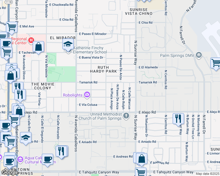 map of restaurants, bars, coffee shops, grocery stores, and more near 729 North Plaza Amigo in Palm Springs