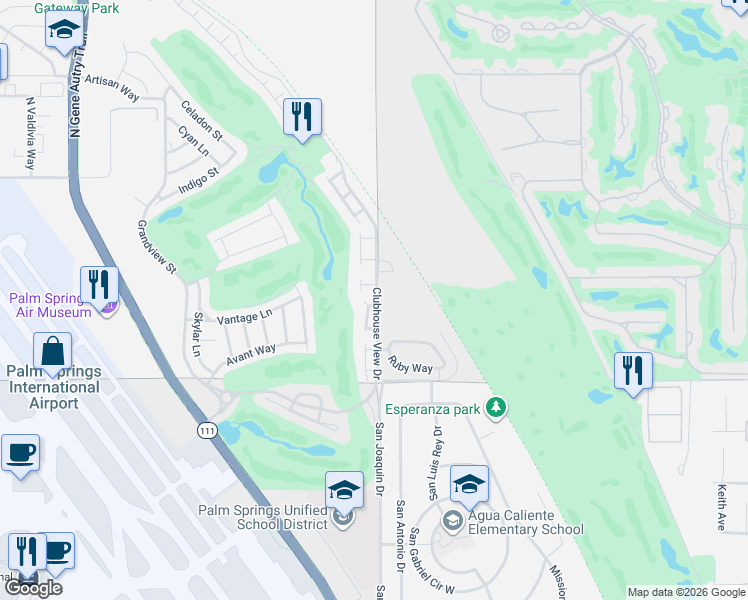 map of restaurants, bars, coffee shops, grocery stores, and more near 4949 Frey Way in Palm Springs