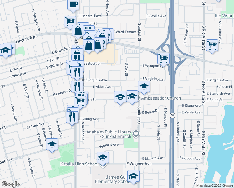 map of restaurants, bars, coffee shops, grocery stores, and more near 2330 East Alden Avenue in Anaheim