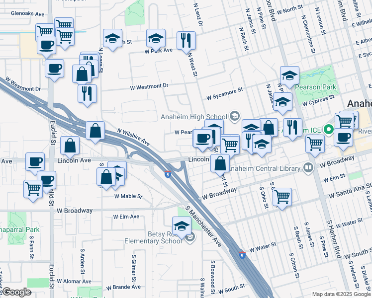 map of restaurants, bars, coffee shops, grocery stores, and more near 1221 West Diamond Street in Anaheim
