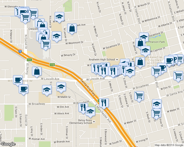 map of restaurants, bars, coffee shops, grocery stores, and more near 1221 West Diamond Street in Anaheim