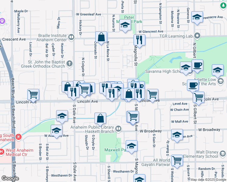 map of restaurants, bars, coffee shops, grocery stores, and more near 2668 West Yale Avenue in Anaheim