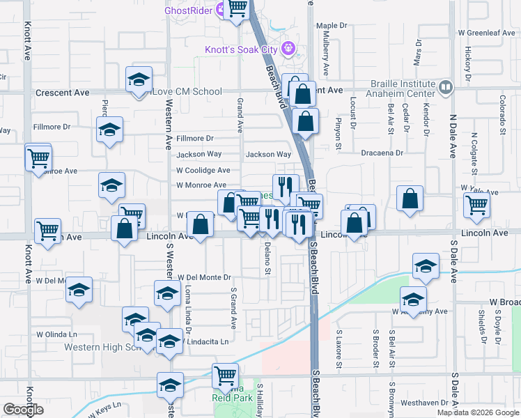 map of restaurants, bars, coffee shops, grocery stores, and more near 205 Santa Maria Street in Anaheim