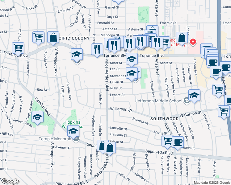 map of restaurants, bars, coffee shops, grocery stores, and more near 5207 Ruby Street in Torrance