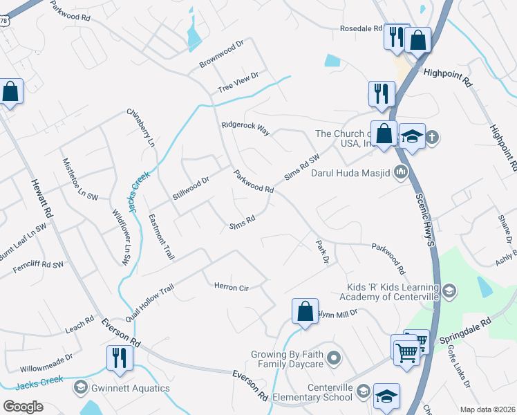 map of restaurants, bars, coffee shops, grocery stores, and more near 3435 Sims Road in Snellville