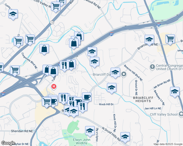 map of restaurants, bars, coffee shops, grocery stores, and more near 1214 Westchester Ridge Northeast in Atlanta