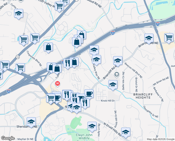 map of restaurants, bars, coffee shops, grocery stores, and more near 1129 Westchester Ridge Northeast in Atlanta