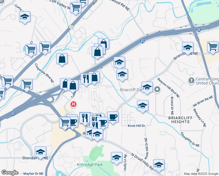 map of restaurants, bars, coffee shops, grocery stores, and more near 2211 Westchester Ridge Northeast in Atlanta