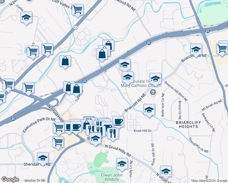 map of restaurants, bars, coffee shops, grocery stores, and more near 1129 Westchester Ridge Northeast in Atlanta