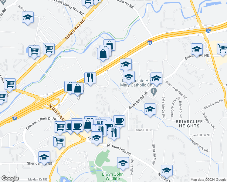 map of restaurants, bars, coffee shops, grocery stores, and more near 1129 Westchester Ridge Northeast in Atlanta