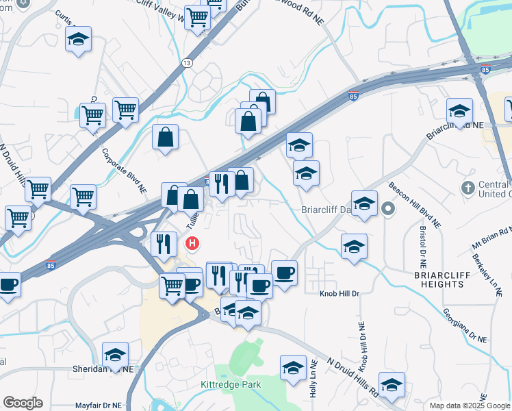 map of restaurants, bars, coffee shops, grocery stores, and more near 4205 Westchester Ridge Northeast in Atlanta