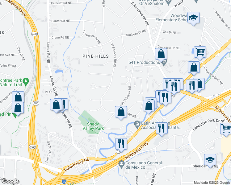 map of restaurants, bars, coffee shops, grocery stores, and more near 2905 West Roxboro Road Northeast in Atlanta
