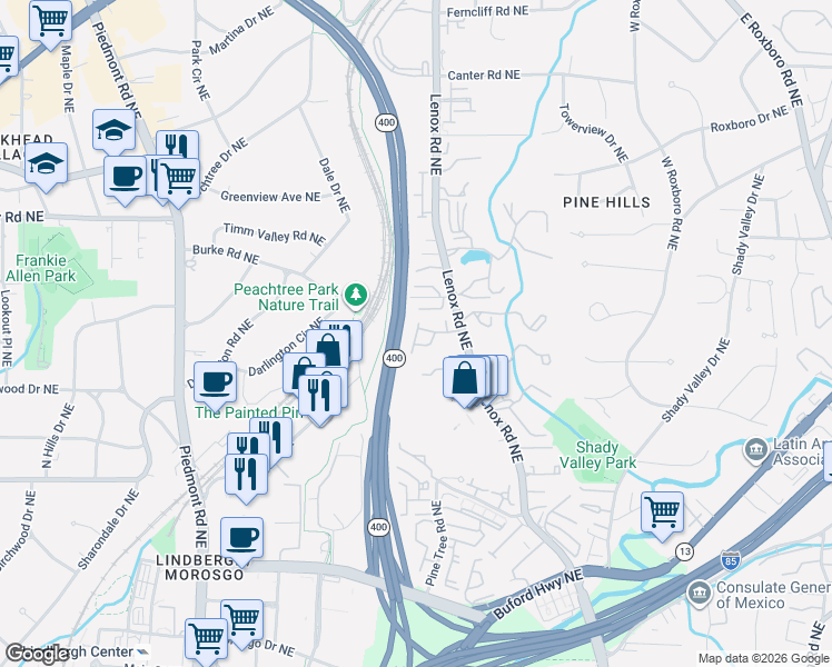 map of restaurants, bars, coffee shops, grocery stores, and more near 123 Overlook Court in Roswell