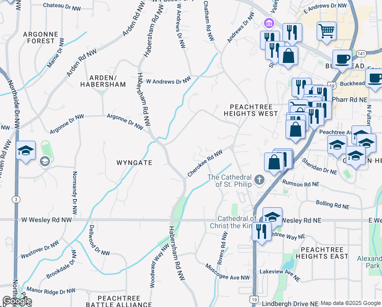 map of restaurants, bars, coffee shops, grocery stores, and more near 15 Cherokee Road Northwest in Atlanta