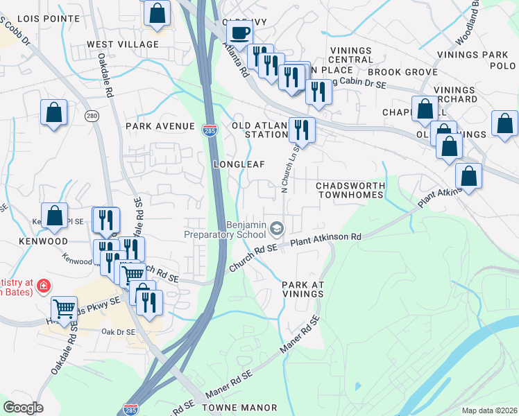map of restaurants, bars, coffee shops, grocery stores, and more near 2502 Longcourt Circle in Smyrna