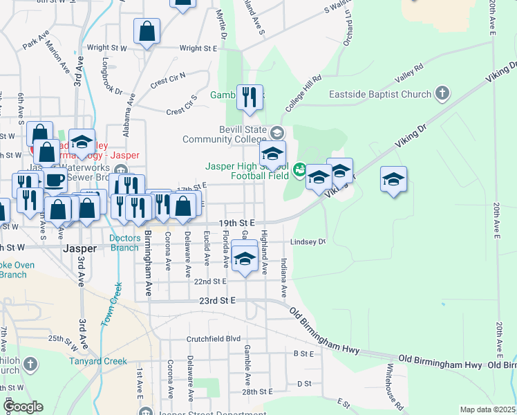 map of restaurants, bars, coffee shops, grocery stores, and more near 1705 Gamble Avenue in Jasper
