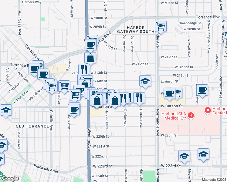 map of restaurants, bars, coffee shops, grocery stores, and more near 1544 West 215th Street in Torrance