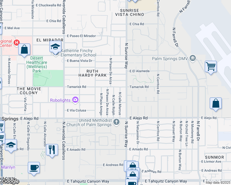map of restaurants, bars, coffee shops, grocery stores, and more near 722 North Calle Rolph in Palm Springs
