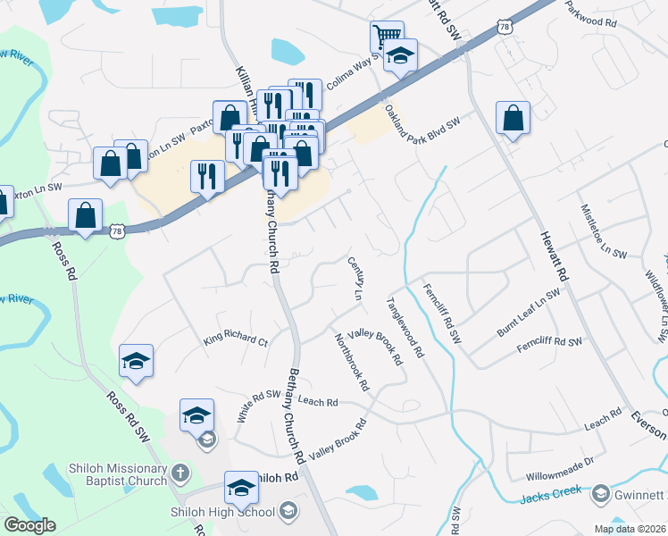 map of restaurants, bars, coffee shops, grocery stores, and more near 4033 Overland Trail Southwest in Snellville