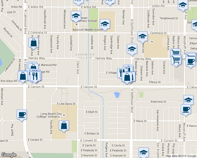map of restaurants, bars, coffee shops, grocery stores, and more near Charlemagne Ave & E Greenmeadow Rd in Long Beach