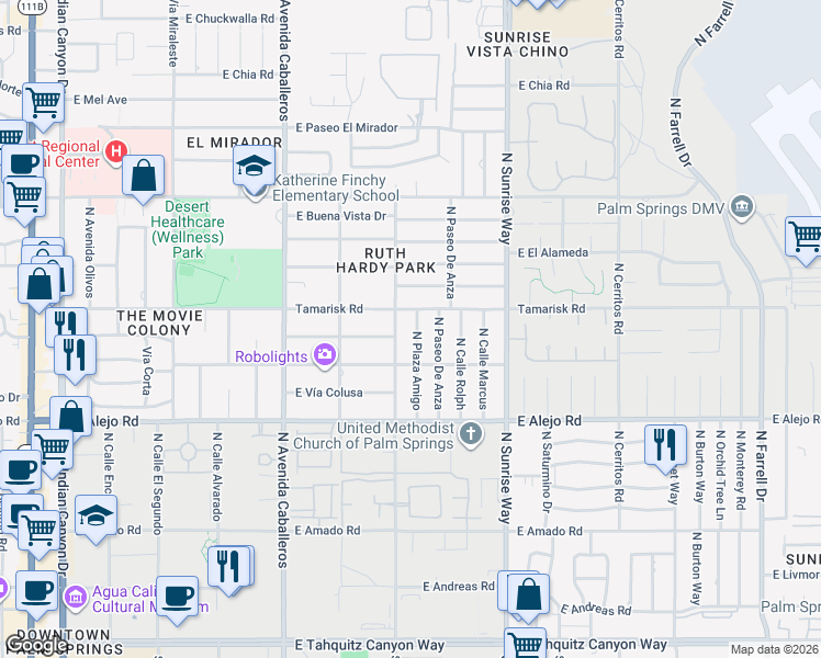 map of restaurants, bars, coffee shops, grocery stores, and more near 729 North Plaza Amigo in Palm Springs