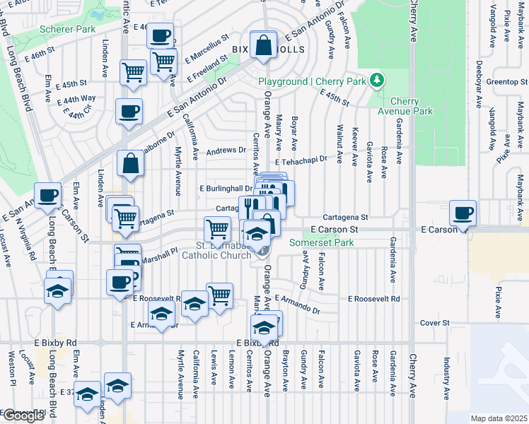 map of restaurants, bars, coffee shops, grocery stores, and more near 1192 Cartagena Drive in Long Beach