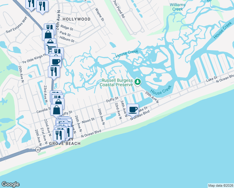 map of restaurants, bars, coffee shops, grocery stores, and more near 414 33rd Avenue North in North Myrtle Beach