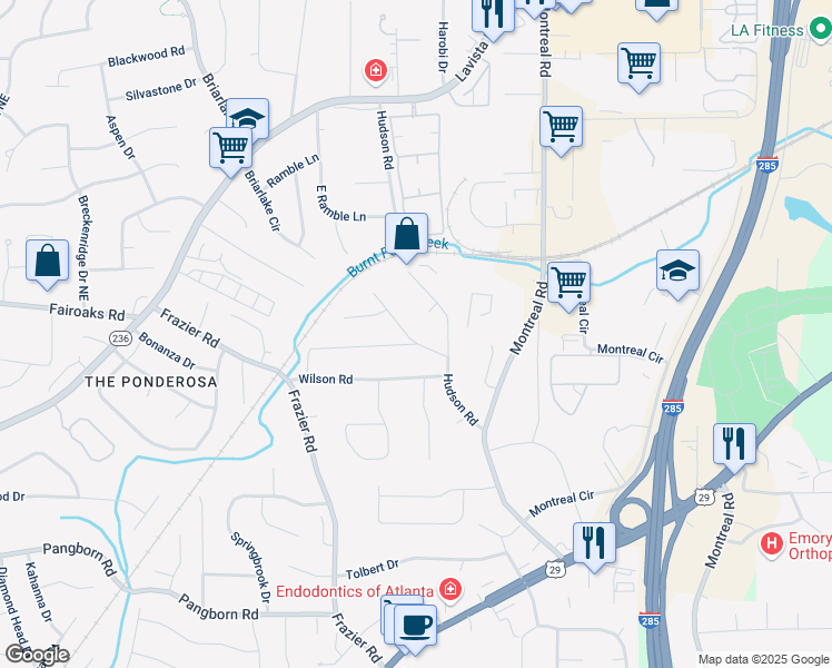 map of restaurants, bars, coffee shops, grocery stores, and more near 1721 Hudson Woods Trail in Decatur