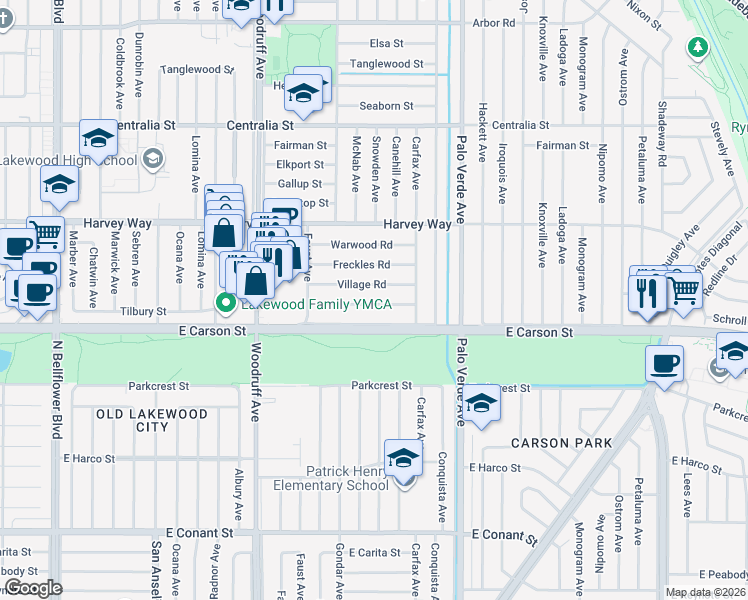 map of restaurants, bars, coffee shops, grocery stores, and more near 6137 Village Road in Lakewood