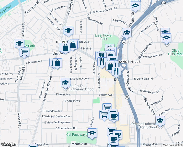 map of restaurants, bars, coffee shops, grocery stores, and more near 2680 North Canal Street in Orange