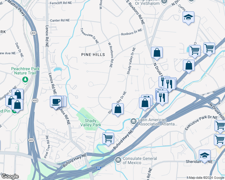map of restaurants, bars, coffee shops, grocery stores, and more near 2905 West Roxboro Road Northeast in Atlanta