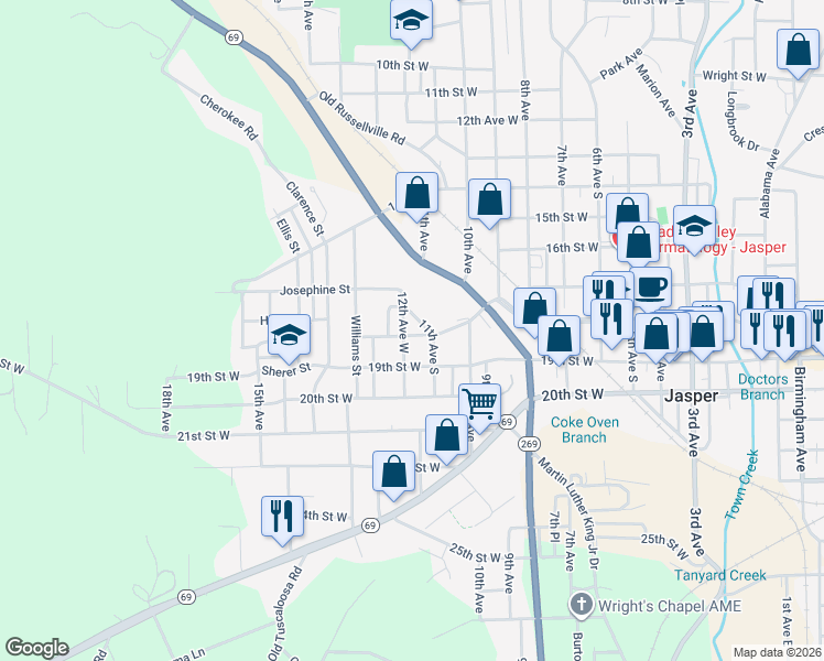 map of restaurants, bars, coffee shops, grocery stores, and more near 1701-1709 11th Avenue South in Jasper