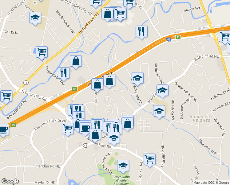map of restaurants, bars, coffee shops, grocery stores, and more near 4205 Westchester Ridge Northeast in Atlanta
