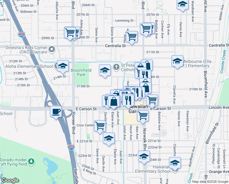map of restaurants, bars, coffee shops, grocery stores, and more near 21607 Juan Avenue in Hawaiian Gardens