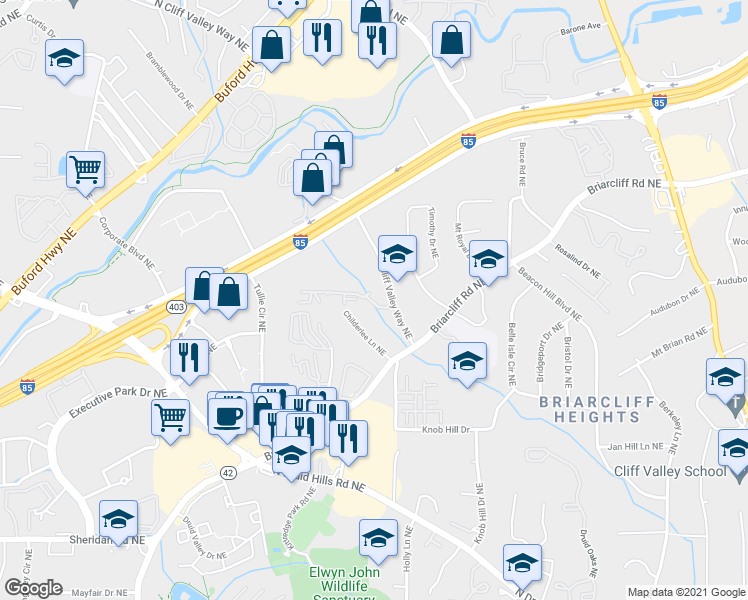 map of restaurants, bars, coffee shops, grocery stores, and more near 1214 Westchester Ridge Northeast in Atlanta