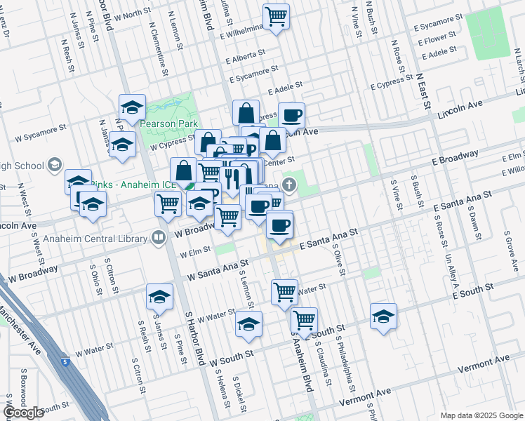 map of restaurants, bars, coffee shops, grocery stores, and more near W Broadway & S Anaheim Blvd in Anaheim