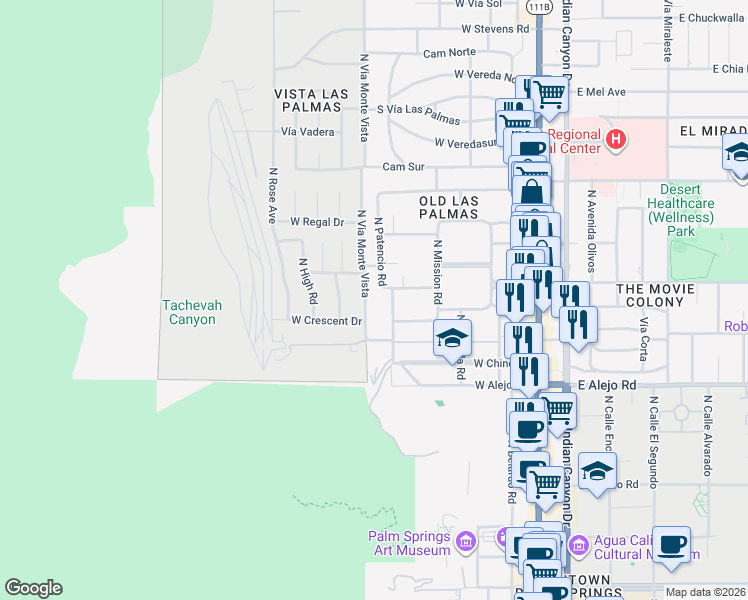 map of restaurants, bars, coffee shops, grocery stores, and more near 780 North Via Monte Vista in Palm Springs