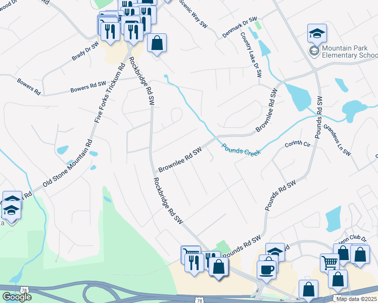 map of restaurants, bars, coffee shops, grocery stores, and more near 5421 Brownlee Road Southwest in Stone Mountain