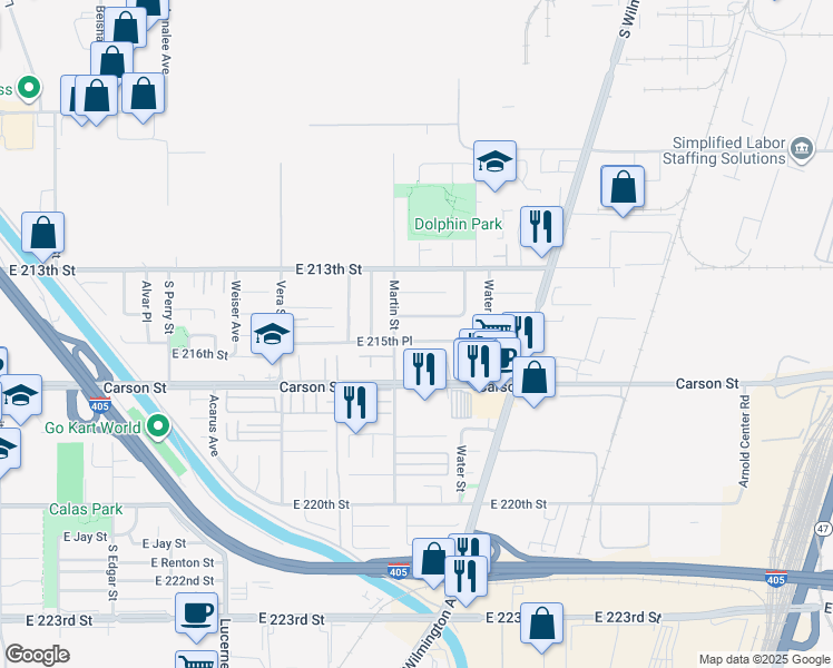 map of restaurants, bars, coffee shops, grocery stores, and more near 1623 East 215th Place in Carson