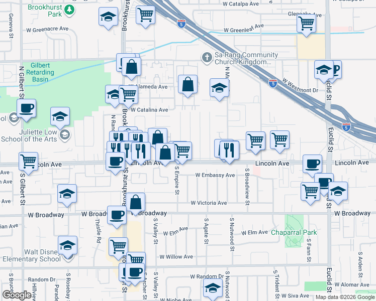 map of restaurants, bars, coffee shops, grocery stores, and more near 117 North Berniece Drive in Anaheim