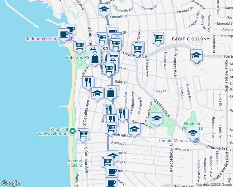 map of restaurants, bars, coffee shops, grocery stores, and more near 523 South Francisca Avenue in Redondo Beach