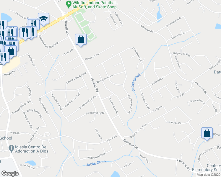 map of restaurants, bars, coffee shops, grocery stores, and more near 2544 Wildflower Lane Southwest in Snellville