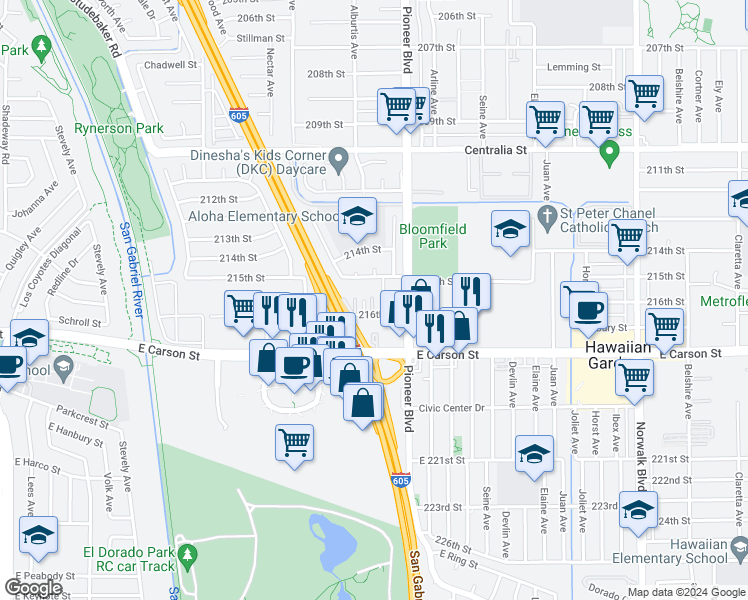 map of restaurants, bars, coffee shops, grocery stores, and more near 11729 216th Street in Lakewood