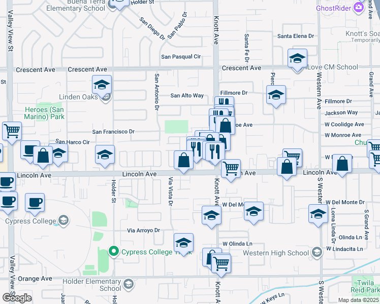 map of restaurants, bars, coffee shops, grocery stores, and more near 6741 West Lincoln Avenue in Buena Park