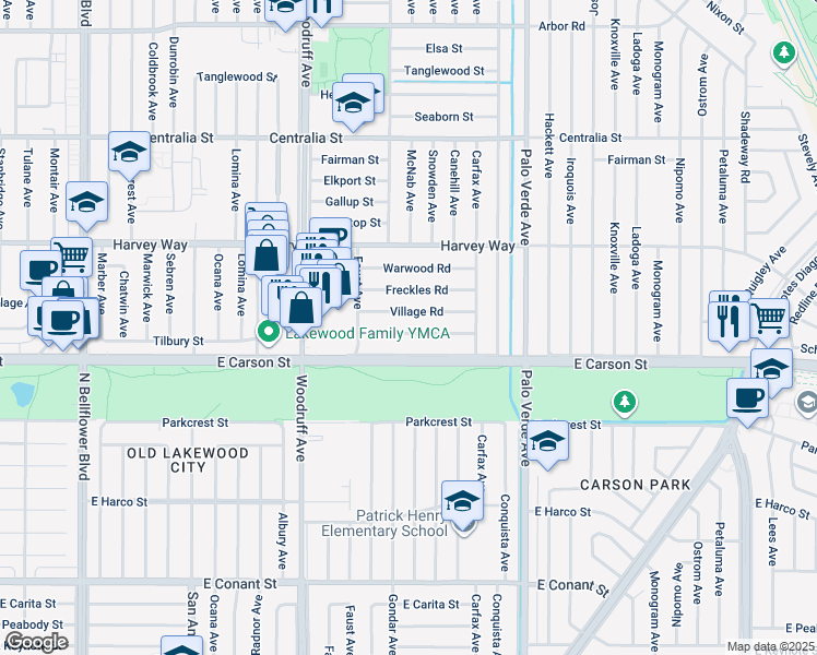 map of restaurants, bars, coffee shops, grocery stores, and more near 6113 Greenmeadow Road in Lakewood