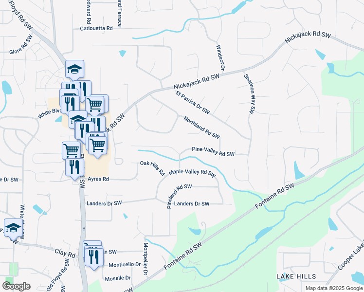 map of restaurants, bars, coffee shops, grocery stores, and more near 418 Saint Albans Court Southwest in Mableton