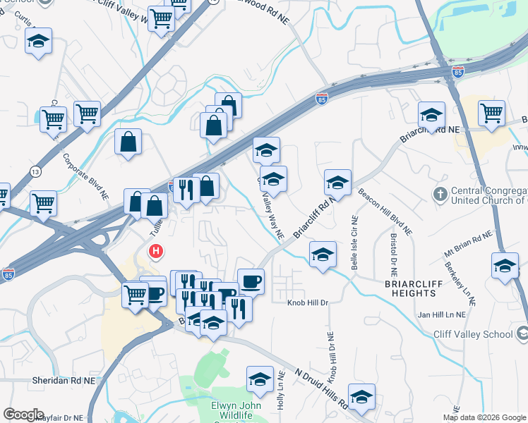 map of restaurants, bars, coffee shops, grocery stores, and more near 1214 Westchester Ridge Northeast in Atlanta